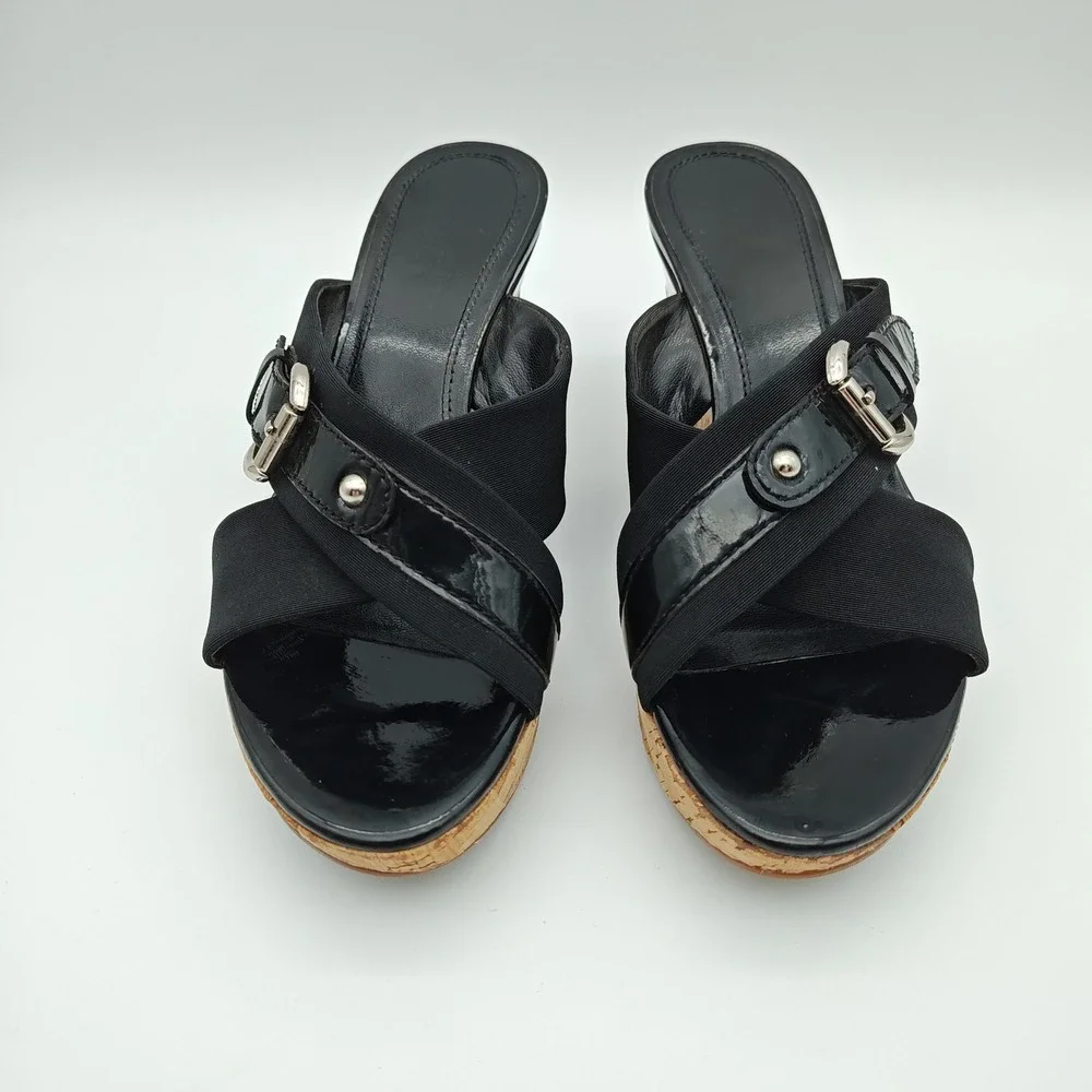 Mootsies Tootsies‎ Oath Black Elastic Cork Wedge Slide Sandals Women's Size 7.5M